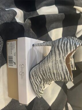 Jessica Simpson Silver Glitter Zebra-Print Stiletto Bootie